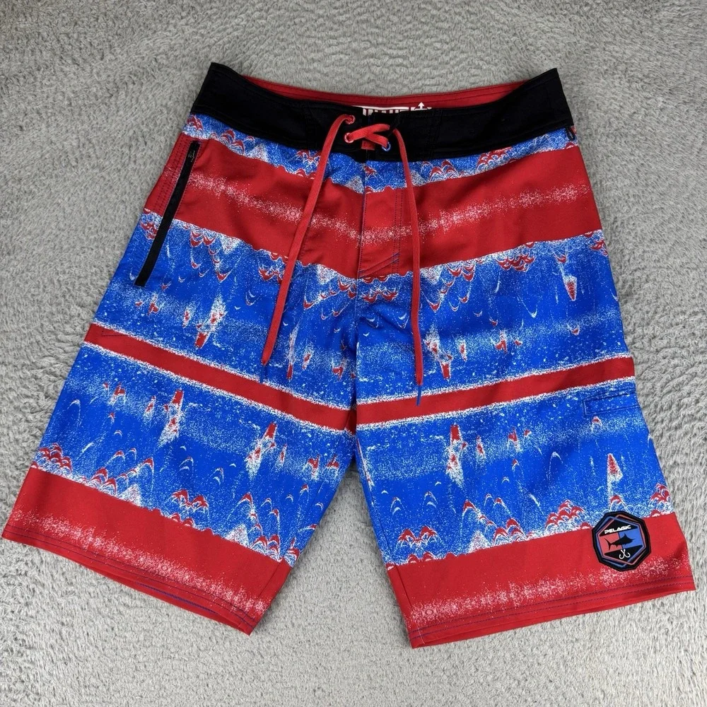 Pelagic Argonaut Men's Board Short Size 30 Red Blue Sonar Stripe Shorts Swim